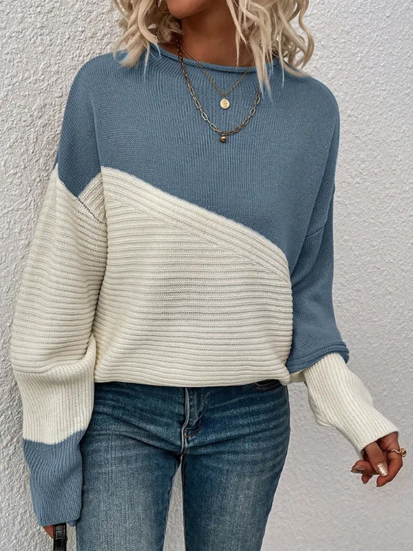 Women's Sweater – Contrast Stitch Pullover, Relaxed Knit Drape