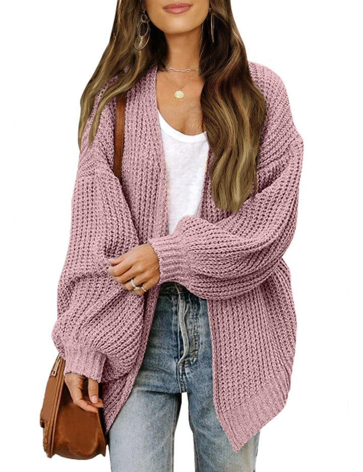 Chunky Knit Cardigan – Women's Lantern Sleeve Cotton Blend with Pockets