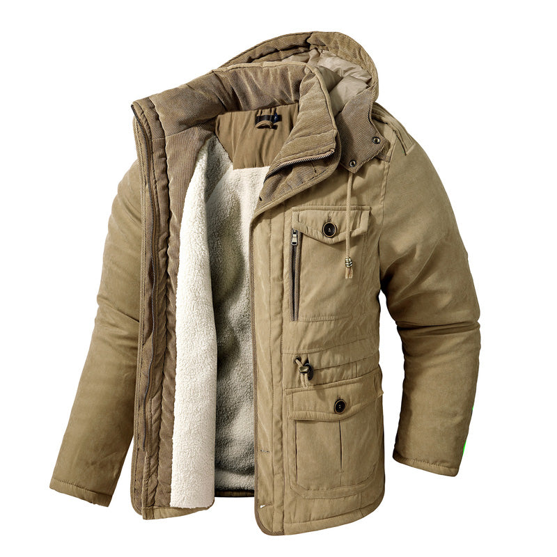 Men's Fleece-Lined Coat – Mid-Length Loose Fit with Patch Pockets