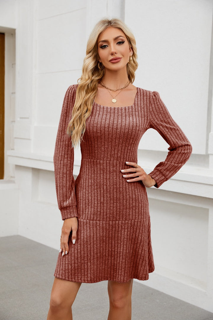 Women's Midi Dress with Pockets – Soft Square Neck, Lantern Sleeve