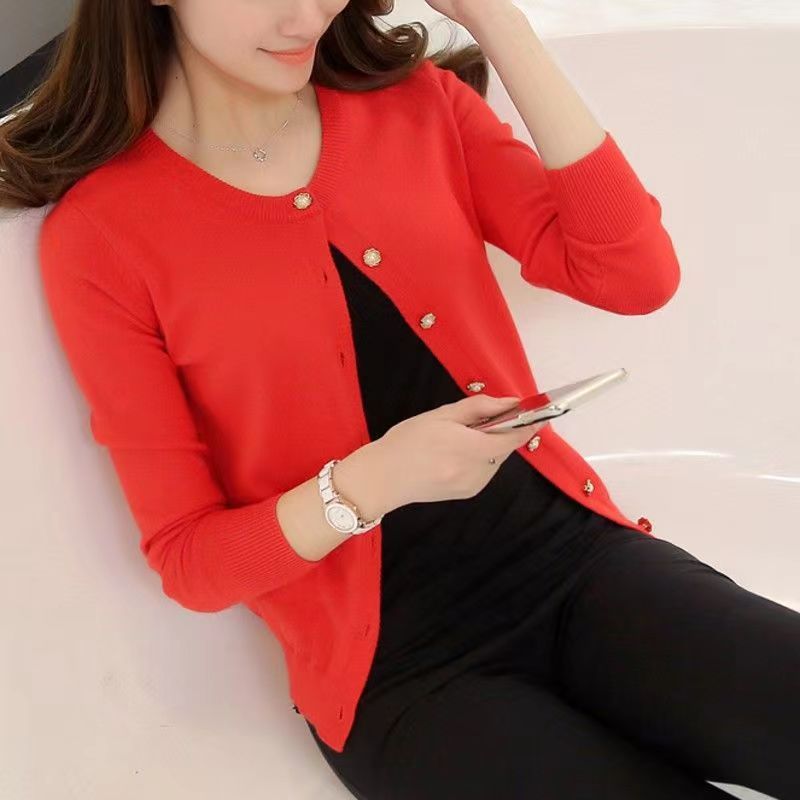Women's Cotton Knit Cardigan, Straight Fit, Round Neck Single Layer
