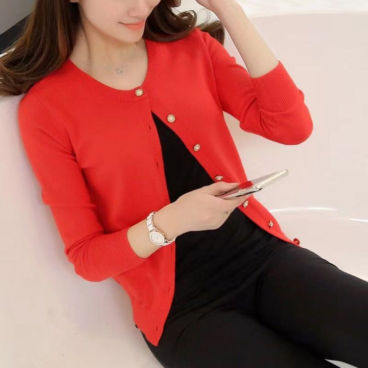Women's Cotton Knit Cardigan, Straight Fit, Round Neck Single Layer