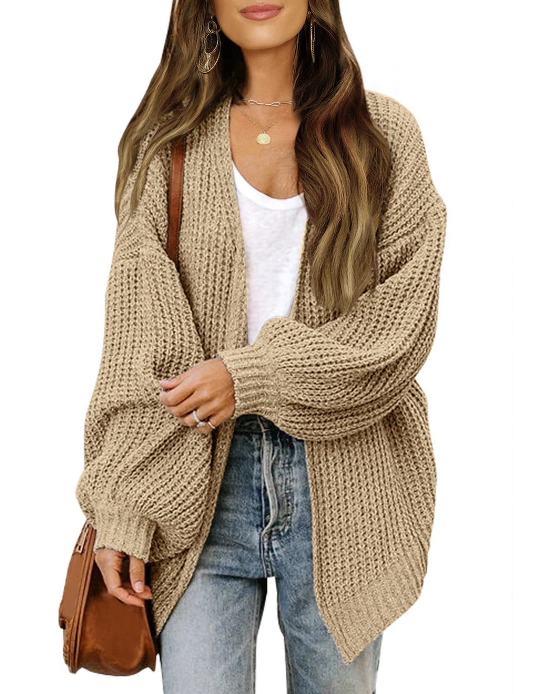 Chunky Knit Cardigan – Women's Lantern Sleeve Cotton Blend with Pockets