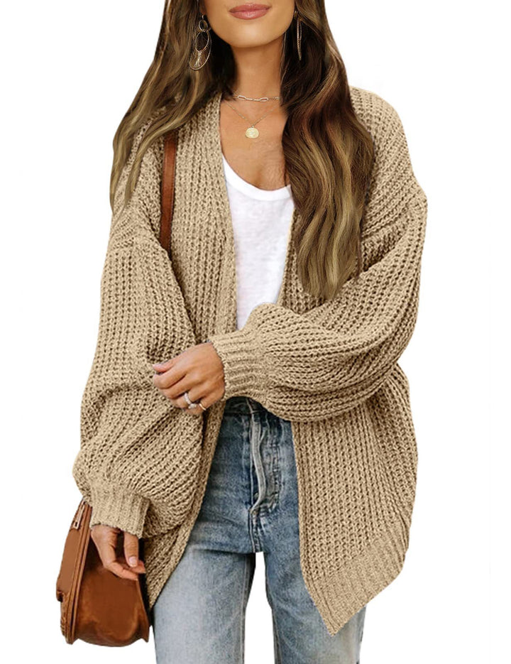 Chunky Knit Cardigan – Women's Lantern Sleeve Cotton Blend with Pockets