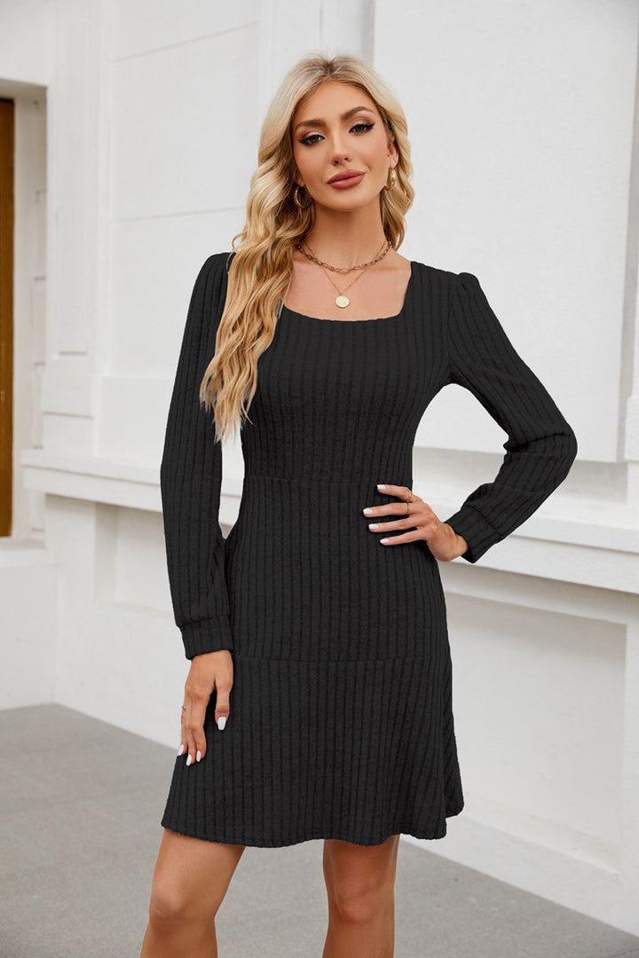 Women's Midi Dress with Pockets – Soft Square Neck, Lantern Sleeve
