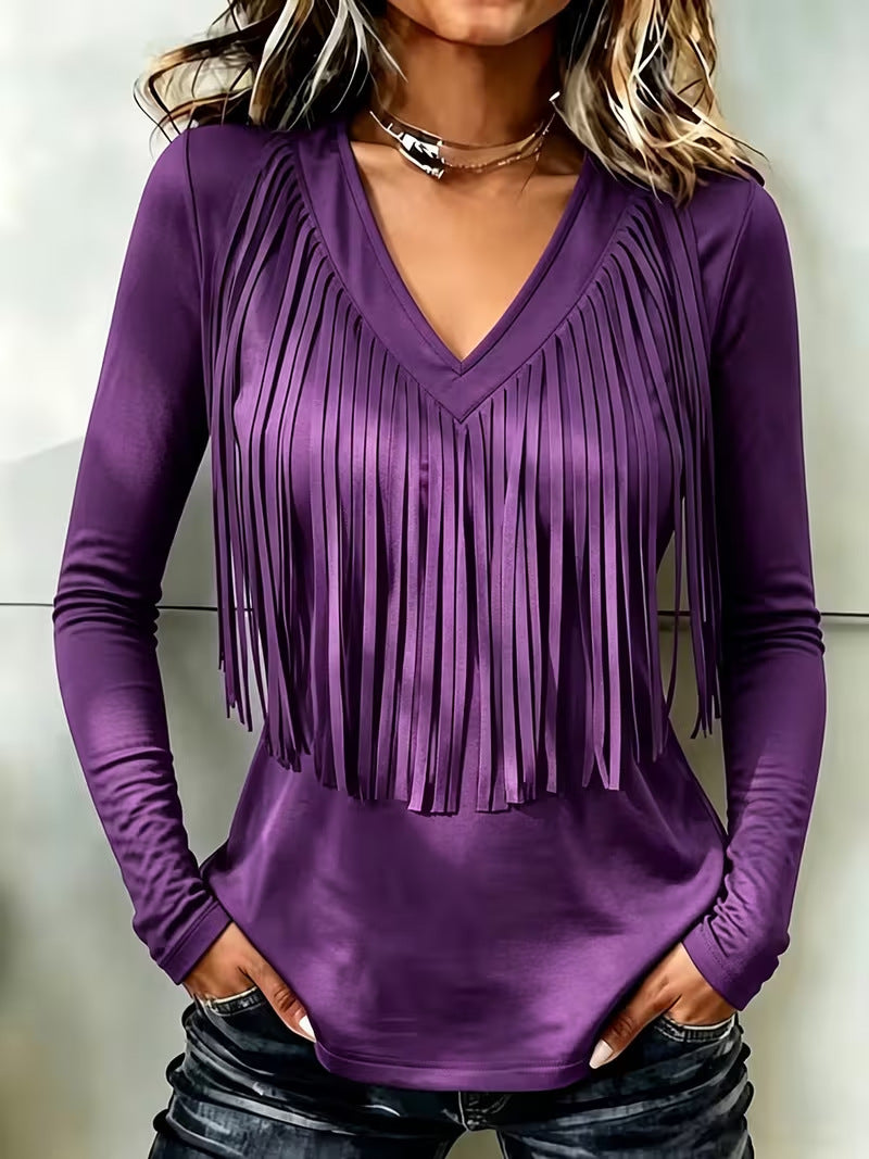Women's Fringe V-Neck Top – Soft Long Sleeve Western Style