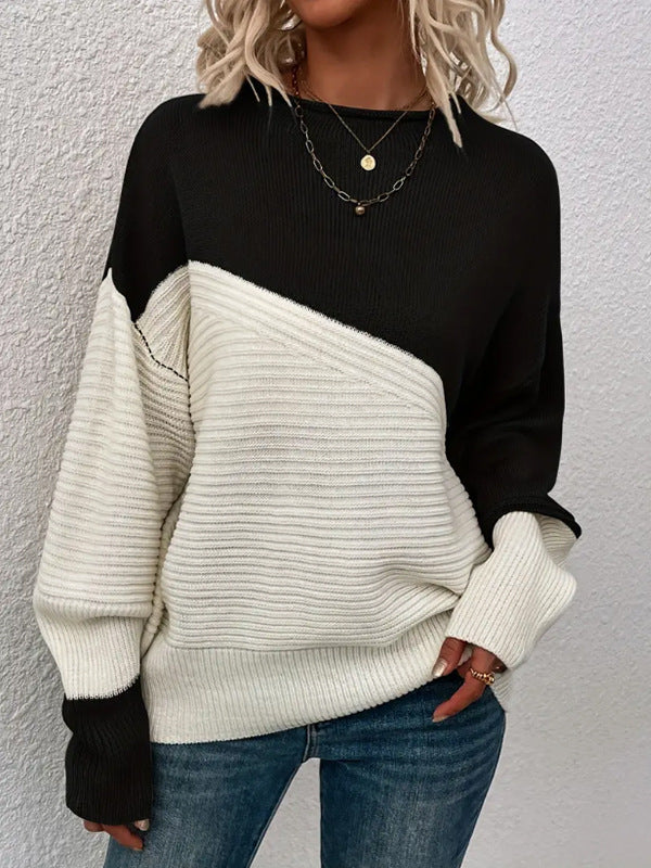 Women's Sweater – Contrast Stitch Pullover, Relaxed Knit Drape
