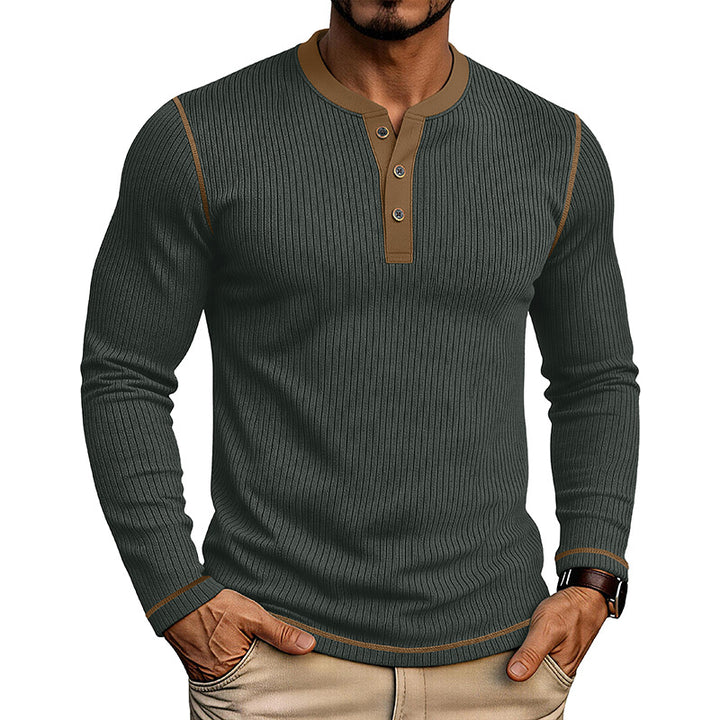 Men’s Colorblock Henley Long Sleeve Cotton T-Shirt – Textured Pullover