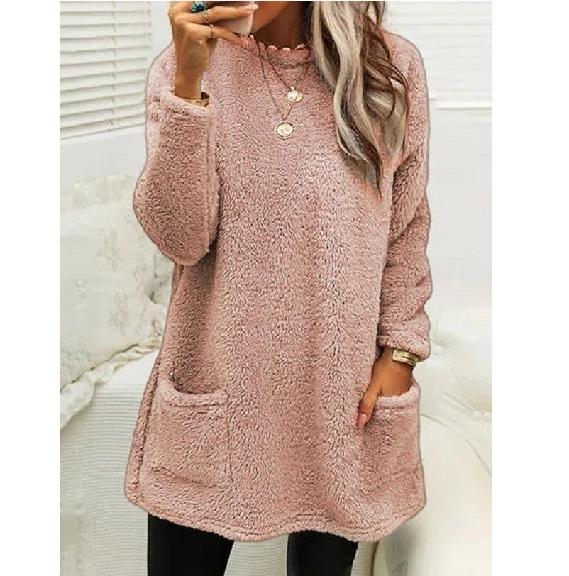 Fleece Pullover Sweater – Women's Longline Plush Top with Pockets