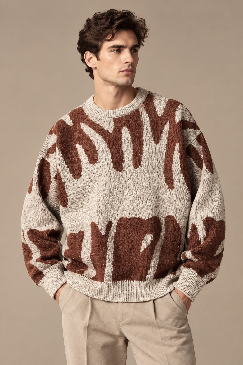 Men's Knit Sweater – Minimalist Print, Loose Casual Pullover