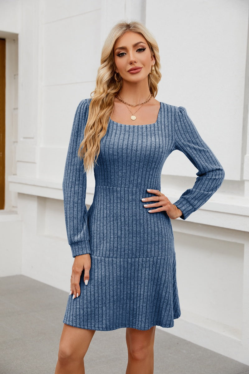Women's Midi Dress with Pockets – Soft Square Neck, Lantern Sleeve