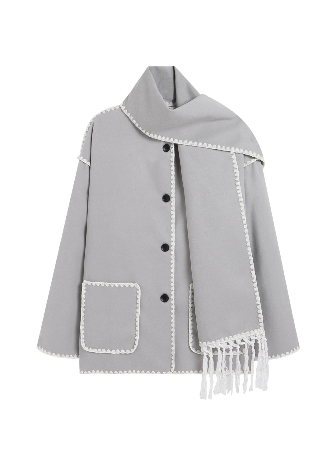 Women's Wool Coat with Attached Scarf – Thick Loose Fit