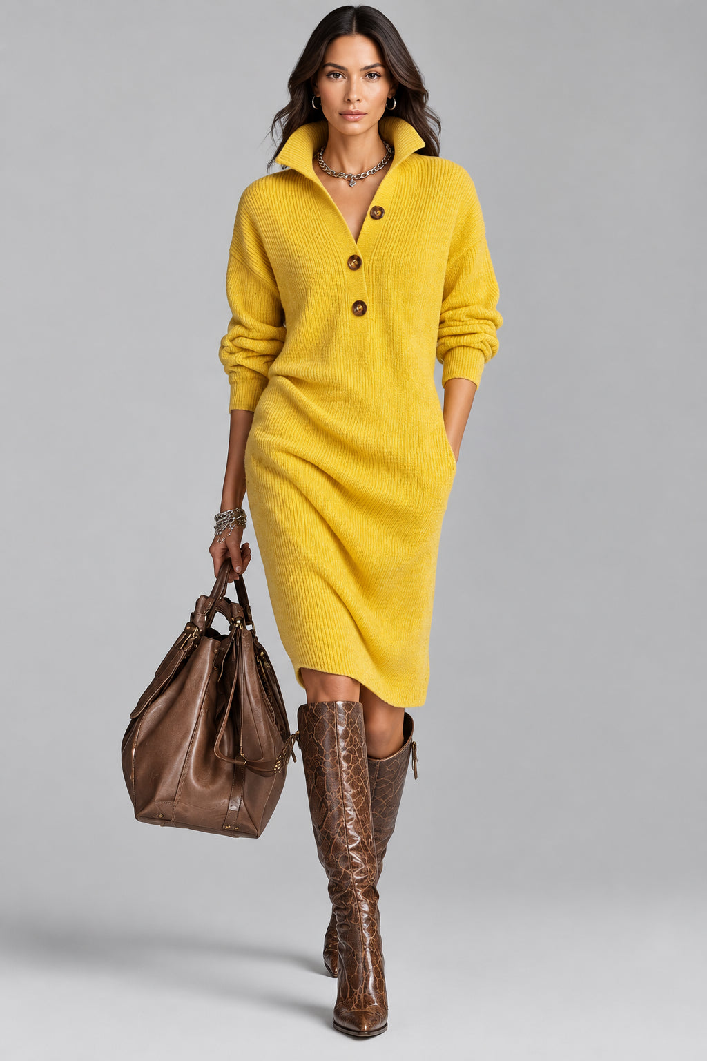 Women's Sweater Mini Dress – Stand Collar V-Neck Button Design
