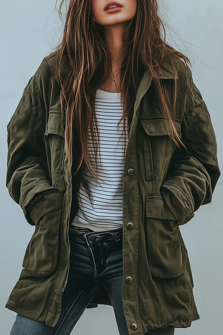 Women's Workwear Windbreaker Jacket – Detachable Fur Collar, Loose Fit