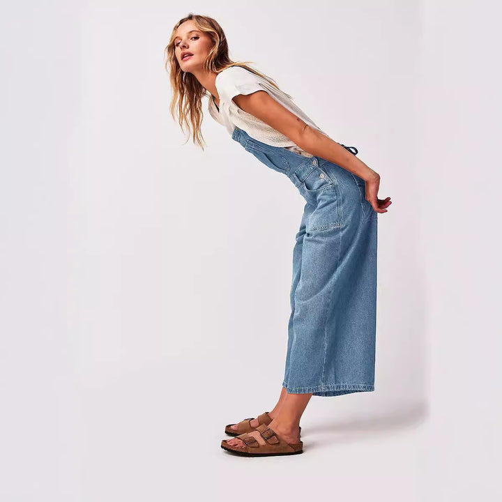 Women's Denim Jumpsuit for – Adjustable Cotton Straps, Relaxed Wide Leg