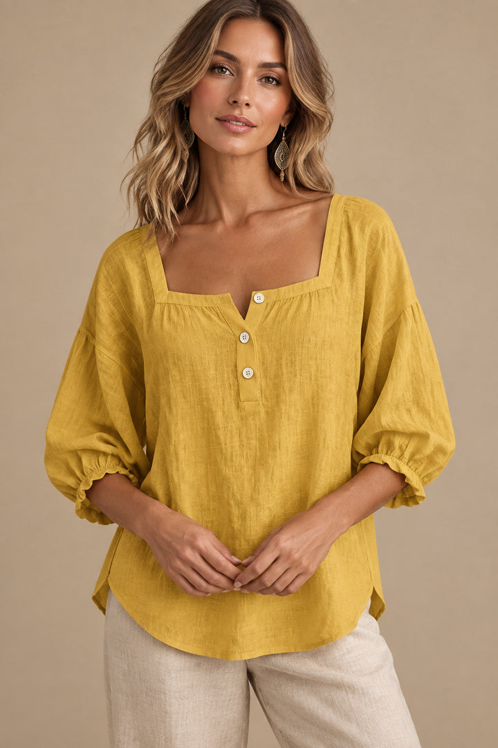 Women's Ramie Cotton Long Sleeve T-Shirt – Loose Fit, Buttons