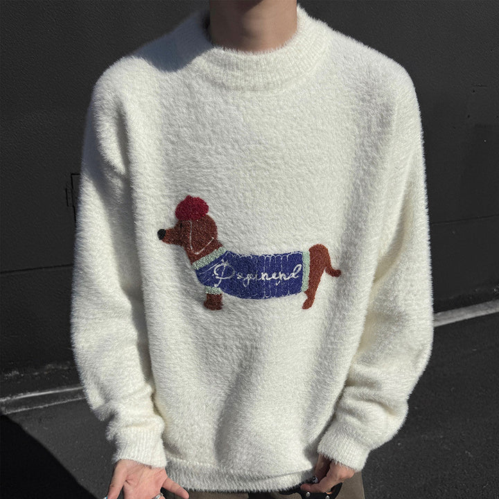 Men's Knit Sweater with Dachshund Embroidery – Pullover Raglan Sleeve