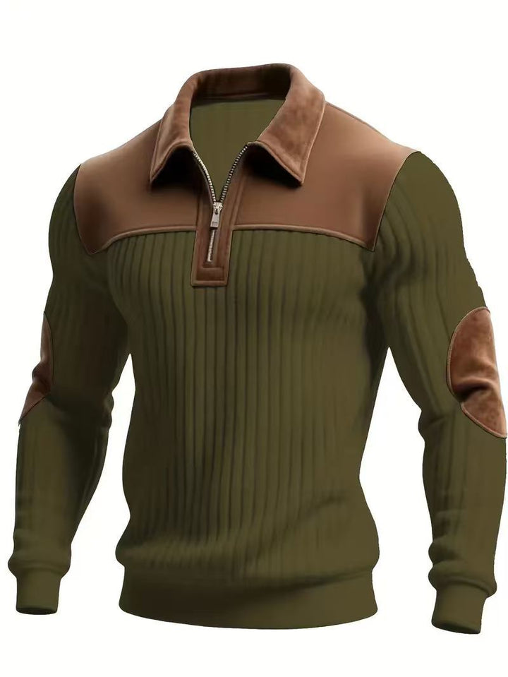 Men's Knit Pullover Sweater – Notched Collar Patchwork, Embroidered Zip