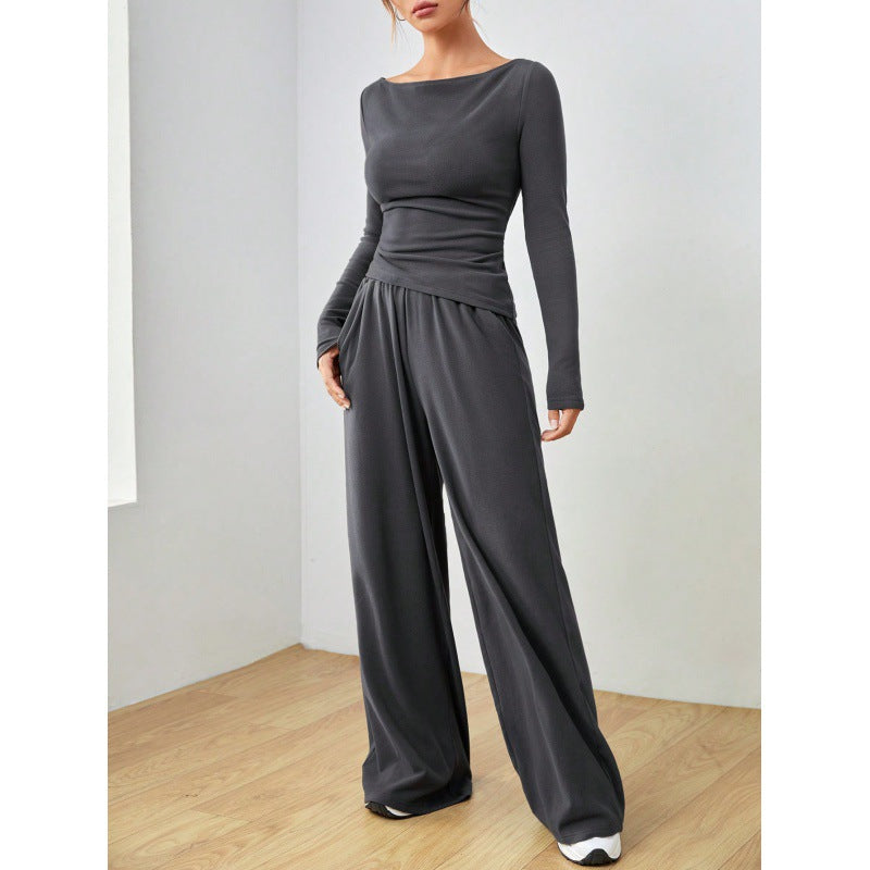 Women's Two Piece Set – Cotton Long Sleeve Suit with Relaxed Trousers