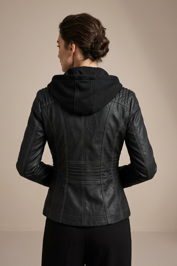 Women's Hooded Vegan Leather Jacket – Detachable Hood & Pockets