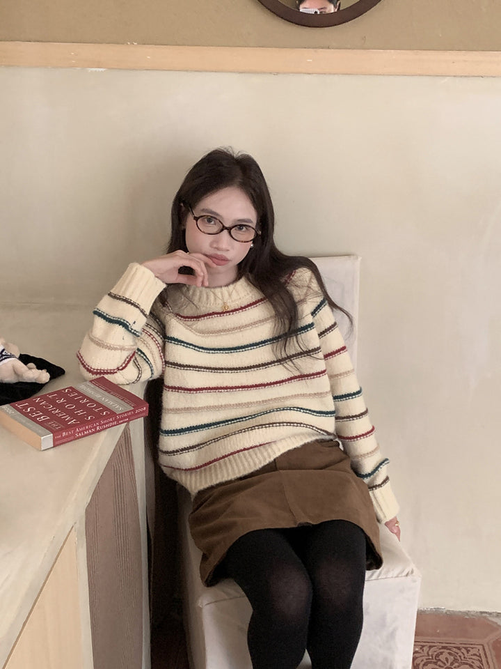 Women's Striped Knit Sweater – Soft Pullover with Raglan Sleeves