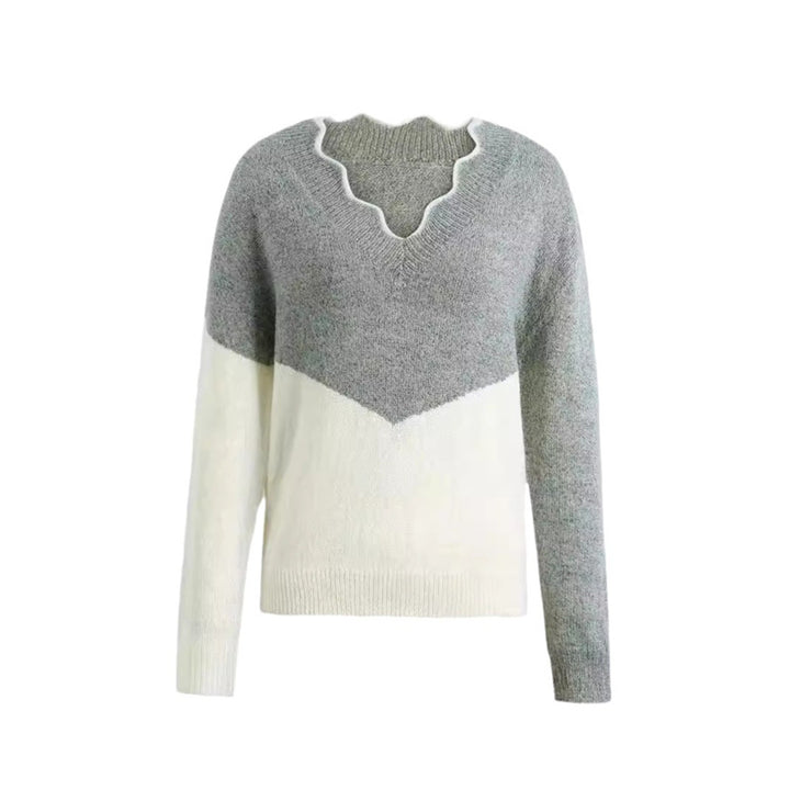 Women's V-Neck Colorblock Knit Sweater – Relaxed Long Sleeve Pullover