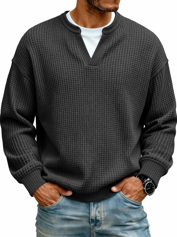 Men’s Waffle Knit Sweatshirt – Relaxed V-Neck Pullover