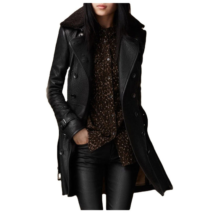 Women's Vegan Leather Coat with Shearling Collar – Mid-Length