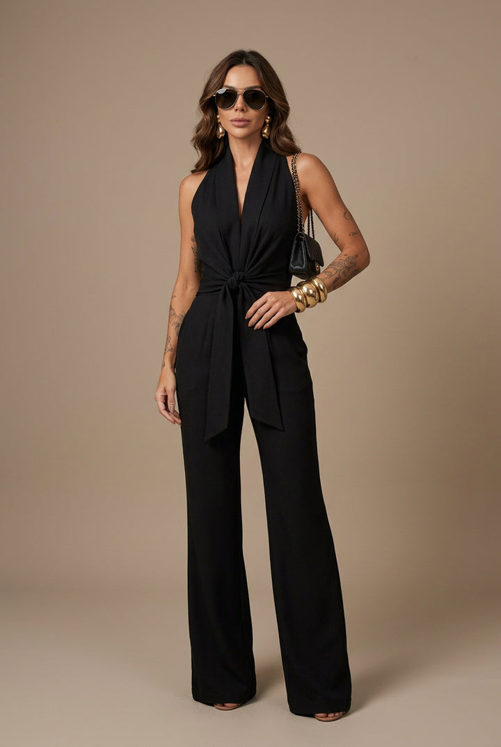 Women's Linen Jumpsuit – Sleeveless V-Neck, Full Length, High Waist