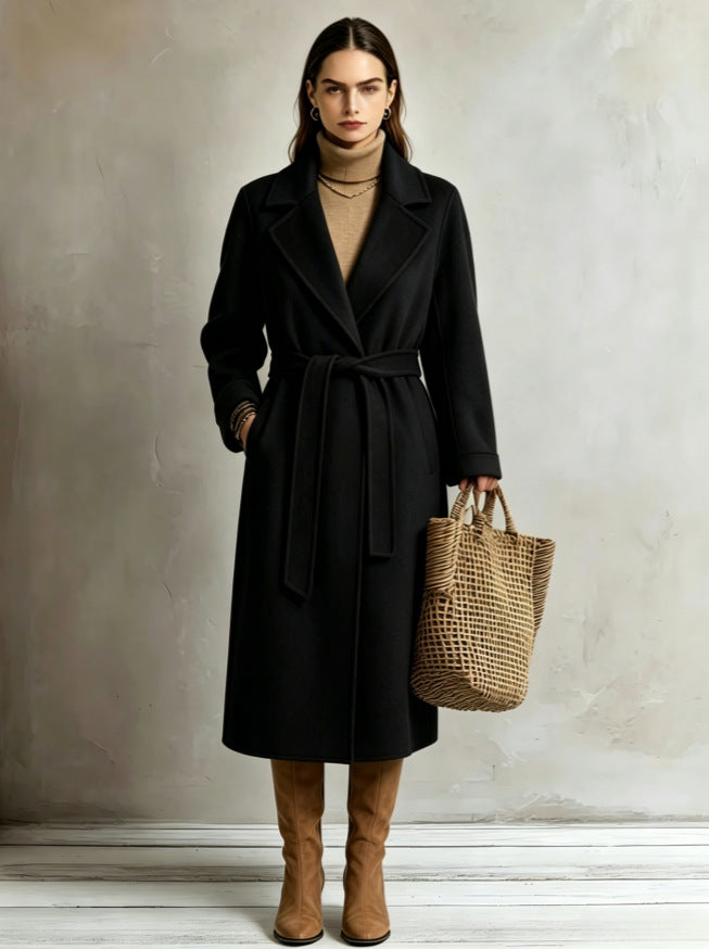Women's Wool Lapel Coat – Relaxed Fit, Lace-Up Detail