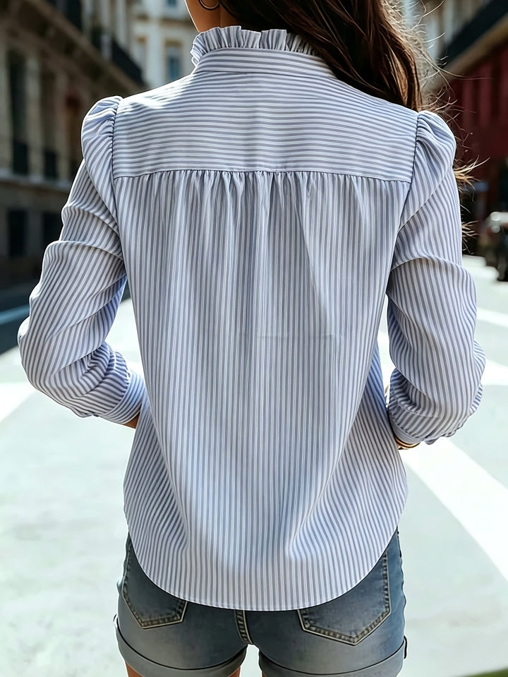 Women's Striped Cotton Slim Fit Shirt – Pleated Stand Collar Detail