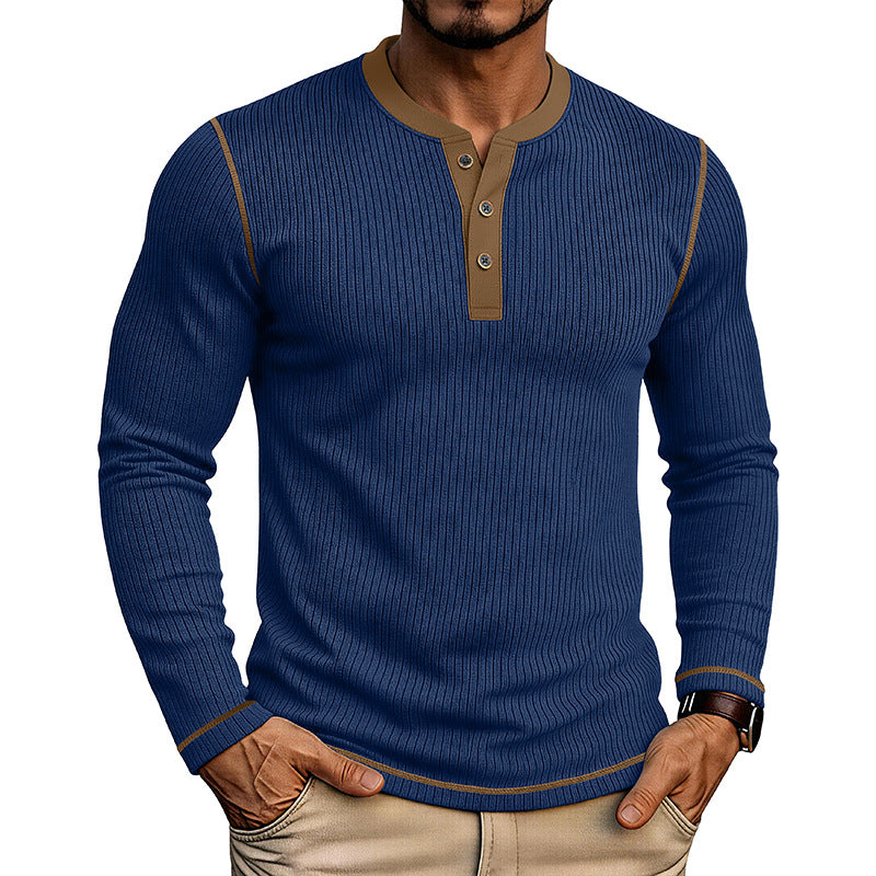 Men’s Colorblock Henley Long Sleeve Cotton T-Shirt – Textured Pullover