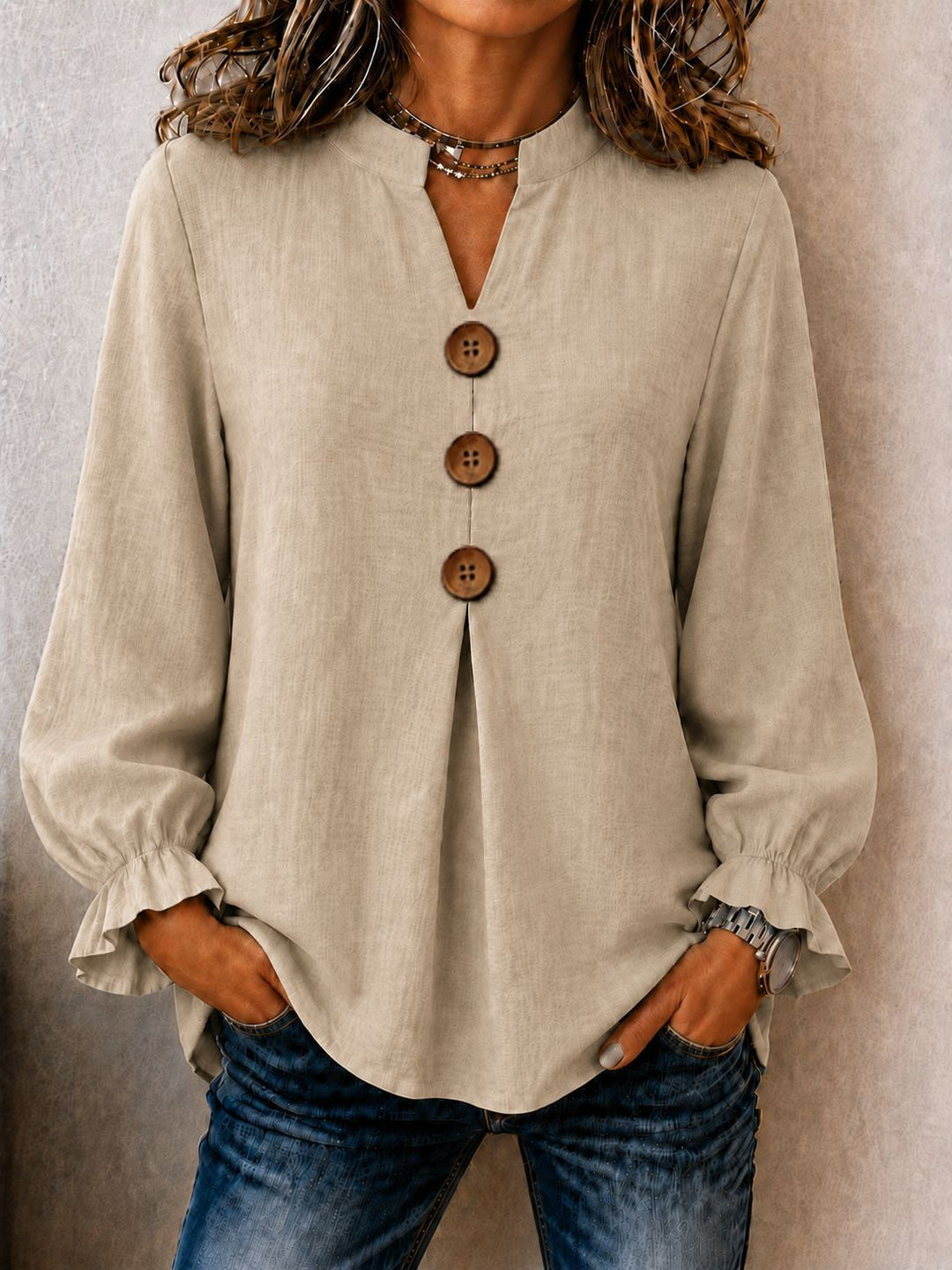 Women's Cotton Blend Ruffle Sleeve V-Neck Button-Up Top