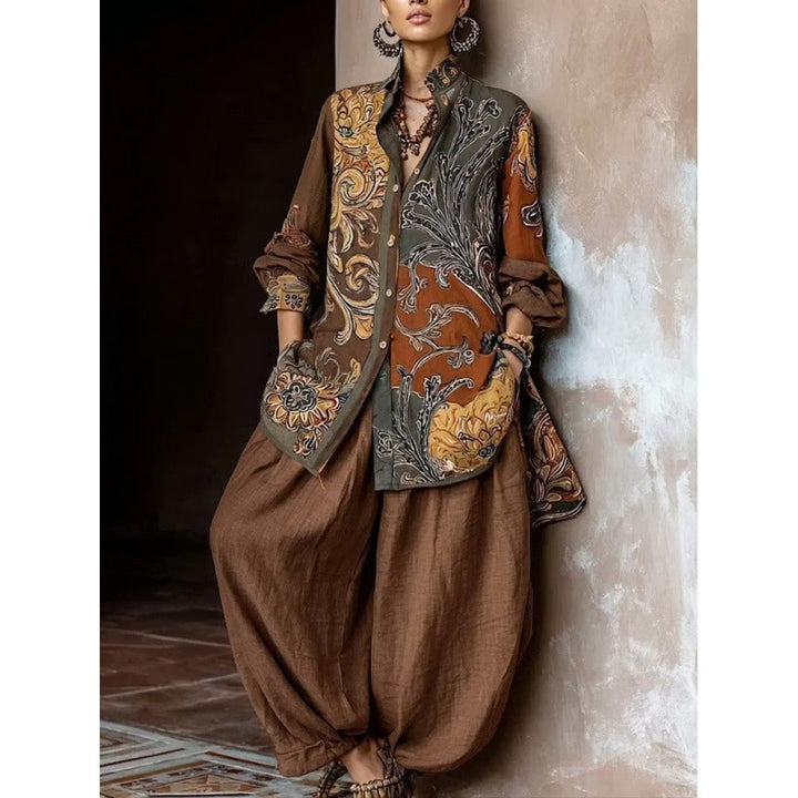 Women's Two Piece Set – Printed Shirt and Full-Length Trouser