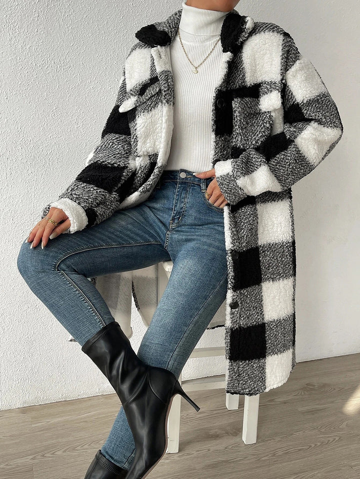 Women's Longline Check Coat – Relaxed Fit Commuter Silhouette