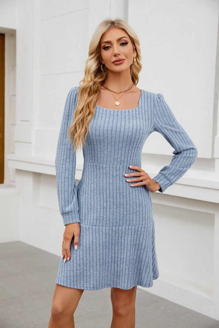 Women's Midi Dress with Pockets – Soft Square Neck, Lantern Sleeve
