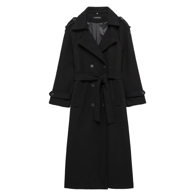 Women's Double-Breasted Long Coat – Belted, Notch Lapel Silhouette