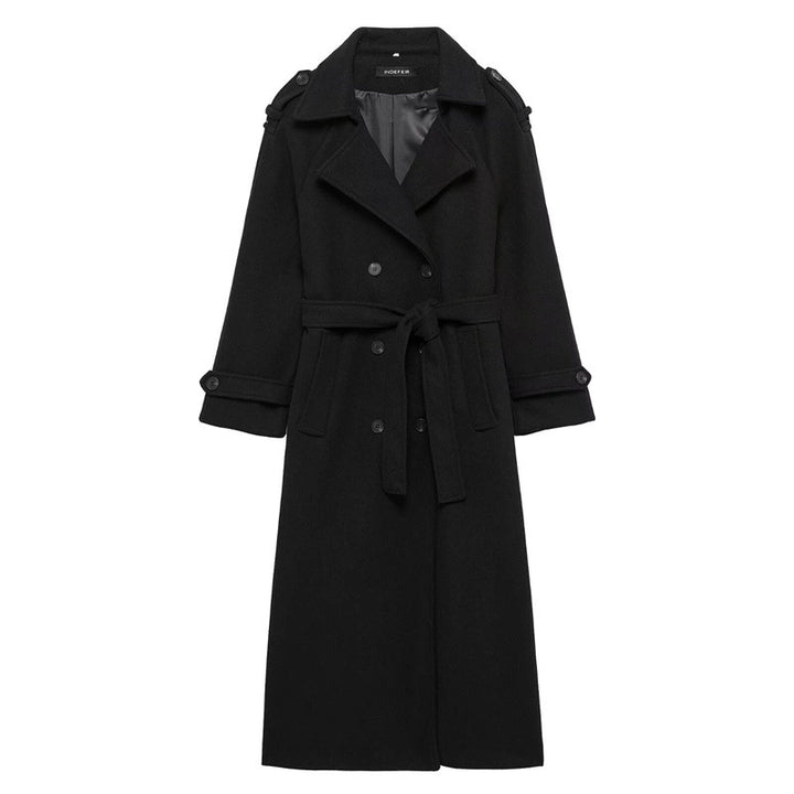 Women's Double-Breasted Long Coat – Belted, Notch Lapel Silhouette