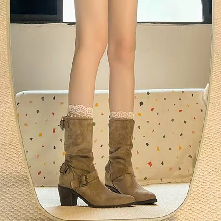 Women's Chunky Heel Mid-Calf Boot – Leather Pointed Toe Retro Style