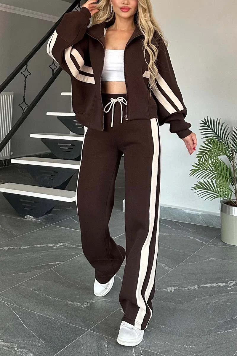 Women's Striped Two Piece Set – Relaxed Fit Sports Shirt and Pants