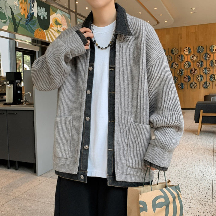 Men's Knitted Cardigan – Cotton & Rabbit Fur Coat with Denim Patches