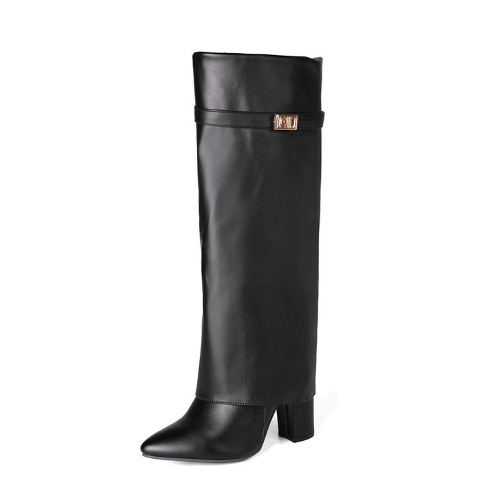 Women's Vegan Leather High Shaft Boot – Pointed Toe, Metal Buckle