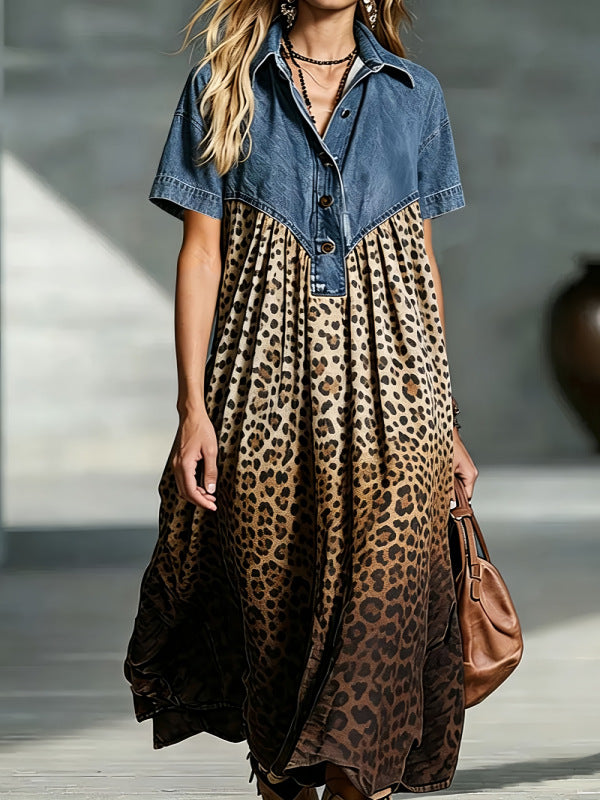Leopard Patchwork Midi Dress – Women's A-Line Button-Front Cotton