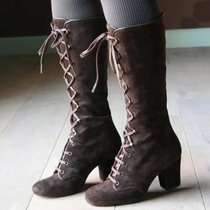 Women's Suede Lace-Up Mid-Heel Riding Boot – Chunky Heel Comfort