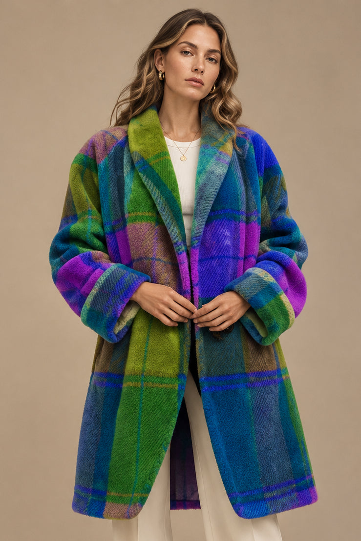 Plaid Lapel Wool-Blend Women's Jacket – Relaxed Fit, Button Front, Pockets