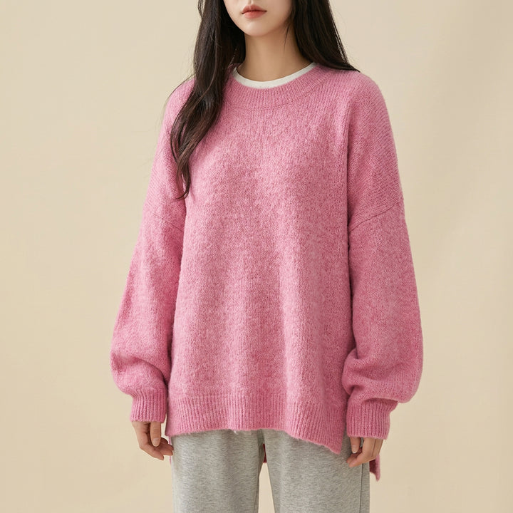 Women's Retro Crew Neck Knit Sweater Pullover – Relaxed Drop-Shoulder