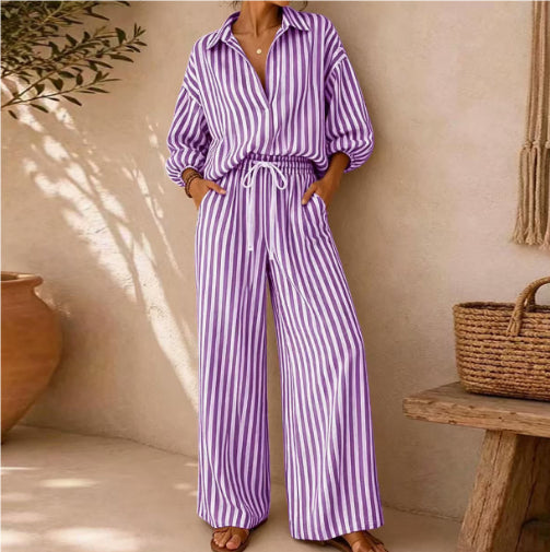 Women's Striped Shirt and Pants Set – Relaxed Lantern Sleeve Design