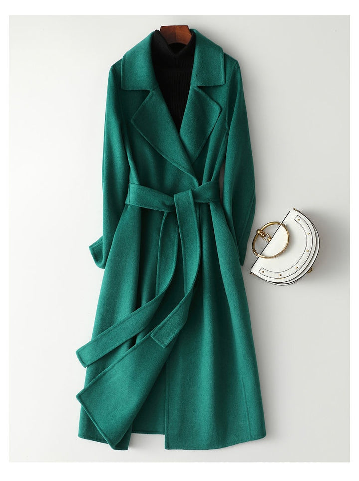 Women's Wrap Coat – Wool-Blend Mid-Length Slim Fit with Belted Waist