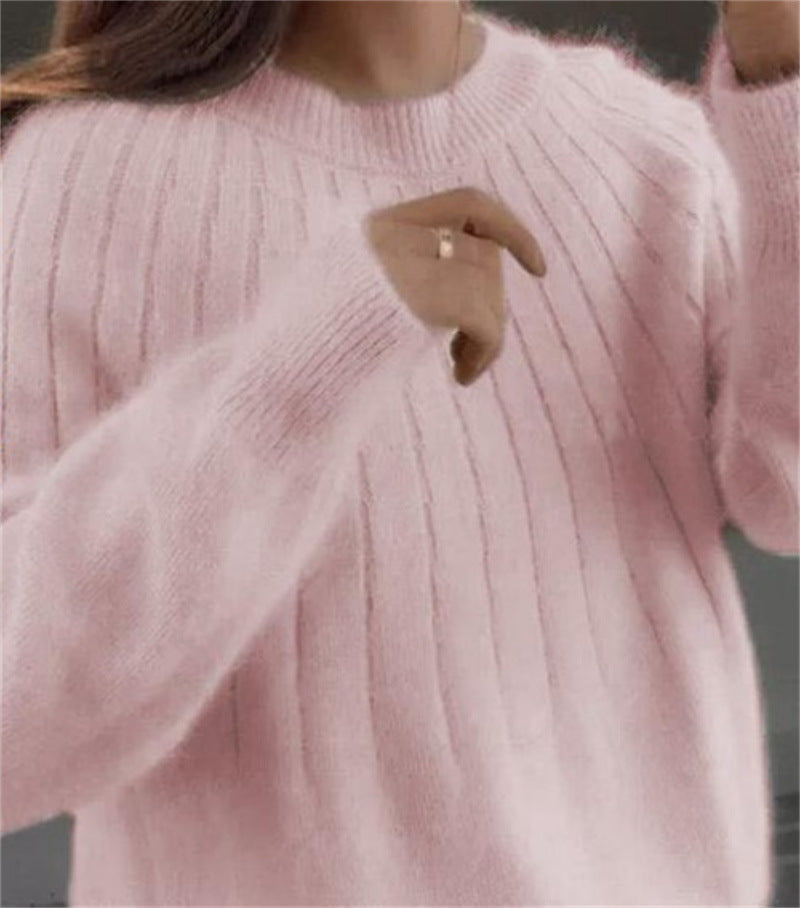 Women's Crew Neck Knitted Pullover Sweater – Soft Short Silhouette