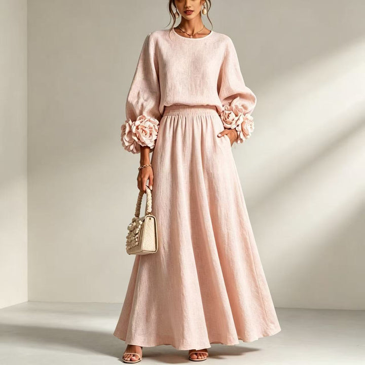 Women's Rose Puff-Sleeve A-Line Skirt Set – Dimensional Floral Detail